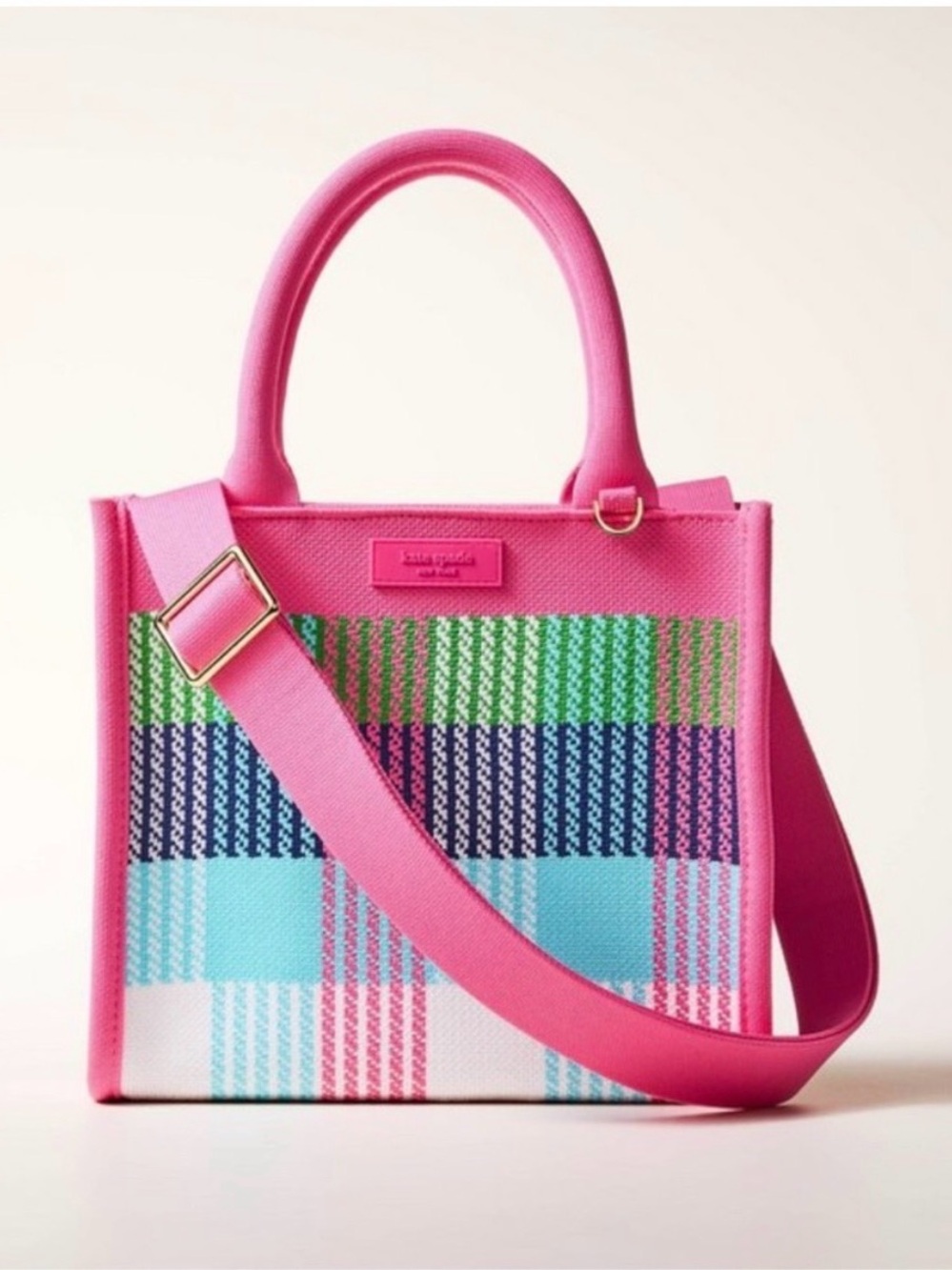 kate spade pink multicolor woven-check top-handle tote